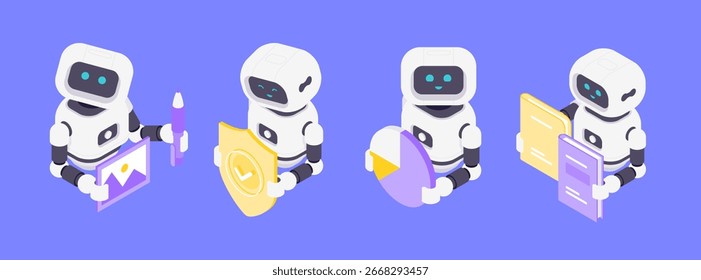 Isometric vector illustration showing AI robots performing visual data processing, security, analytics, and language tasks emphasizing technology, collaboration, and intelligent automation.