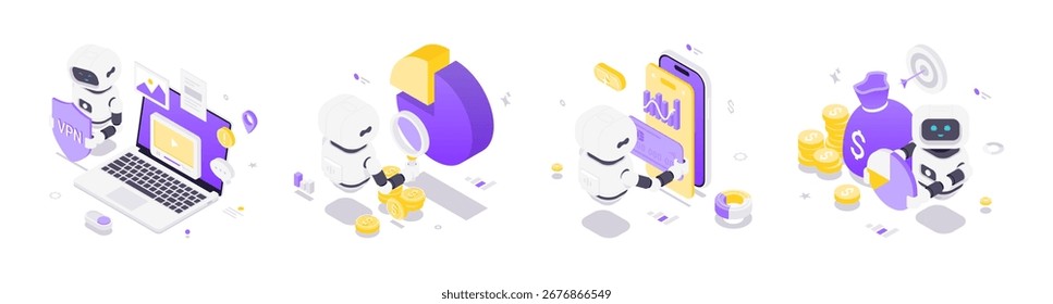 Ilustración vectorial isométrica que muestra robots de inteligencia artificial que interactúan con las finanzas, la seguridad, el análisis y las transacciones en línea en un entorno de tecnología digital moderna.