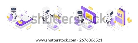 Isometric vector illustration showing artificial intelligence robots managing digital wallet transactions, chatting with AI, learning new skills, and analyzing financial data in a technology concept