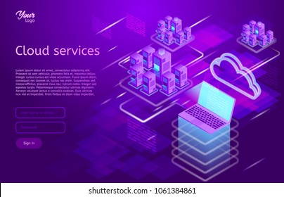 Isometric Vector Illustration Showing The Cloud Computing Services Concept Laptop And Web Servers.