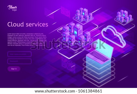 Isometric vector illustration showing the cloud computing services concept laptop and web servers.