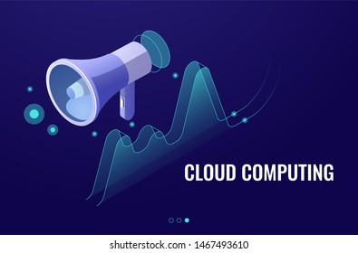 Isometric vector illustration showing concept cloud computing. From the cloud in world map. World cloud computing concept.