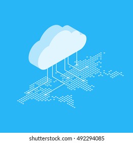 Isometric Vector Illustration Showing The Concept Of Cloud Computing. From The Cloud In The World Map.