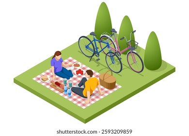 An isometric vector illustration showing a couple enjoying a picnic on a checkered blanket with bicycles behind them in a peaceful 3D park setting.