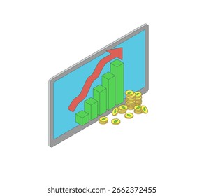 Ilustración vectorial isométrica que muestra el análisis financiero y el crecimiento económico. Computadora de escritorio con gráfico ascendente, dispositivo móvil, monedas, efectivo y documentos comerciales. Concepto de financiación, inversión, 
