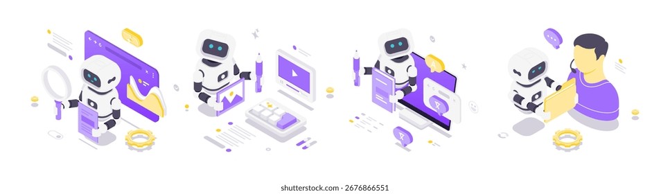 Isometric vector illustration showing futuristic robots with artificial intelligence working in analytics, design, translation, and personal data protection in a modern technology environment.