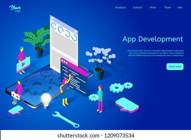 Isometric vector illustration showing mobile app development process. Developers working on application. Web page template suitable for web graphic design. Easy to ?ustomize and edit.