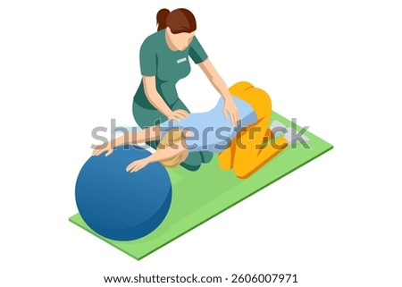 Isometric vector illustration showing therapist assisting female patient performing back stretching exercises with a fitness ball on a mat, focusing on spinal rehabilitation.