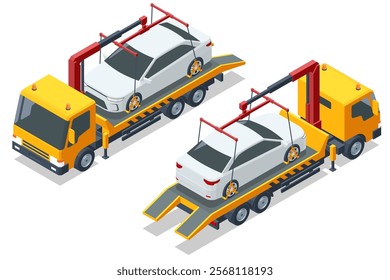 Isometric vector illustration showing a tow truck loading a car using its crane. Ideal for depicting roadside assistance or illegal parking scenarios. Tow truck, roadside assistance