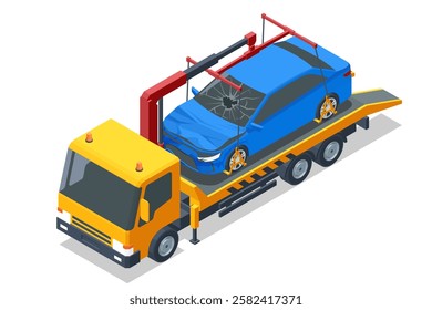 Isometric vector illustration showing a tow truck loading a car using its crane. Ideal for depicting roadside assistance or illegal parking scenarios. Tow truck, roadside assistance