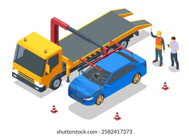 Isometric vector illustration showing a tow truck loading a car using its crane. Ideal for depicting roadside assistance or illegal parking scenarios. Tow truck, roadside assistance