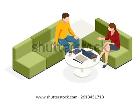 Isometric vector illustration showing two professionals discussing business on green lounge chairs around a coffee table in a modern coworking space, featuring laptops, coffee cups, and notebooks.