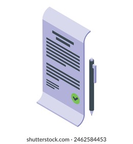 Isometric vector illustration of a signed document and a pen, symbolizing agreement and completion