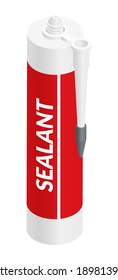 Isometric vector illustration silicone sealant packaging container tube with nozzle isolated on white background. Realistic silicone sealant tube icon in flat cartoon style. Building materials.