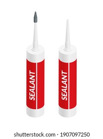 Isometric vector illustration silicone sealant packaging container tube with nozzle isolated on white background. Realistic silicone sealant tube icon in flat cartoon style. Building materials.