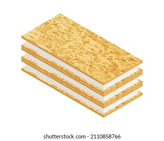 Isometric vector illustration SIP panels for construction of houses isolated on white background. Realistic structural insulated panels from OSB and expanded polystyrene icon. Warm house wall panels.