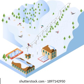 Isometric vector illustration of ski resort with skiers, snowboarders, swimming pool and ice rink.