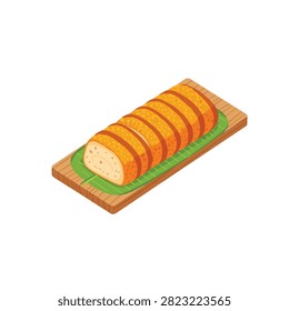 Isometric Vector Illustration of Sliced Indonesian Sosis Solo Fried Egg Roll on Wooden Tray Board