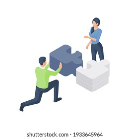 Isometric vector illustration of smart cartoon man and woman connecting pieces of jigsaw while solving logic puzzle together during work