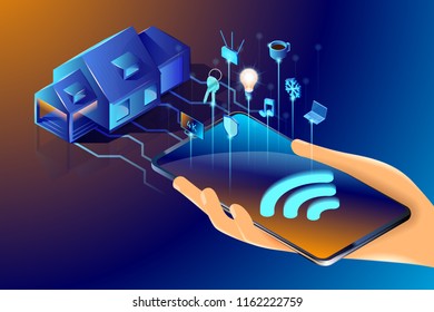 Isometric vector illustration of the smart home structure. Abstract design concept introduces system that controls lighting, climate, entertainment systems, and appliances.