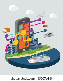 Isometric vector illustration of  smart phone with touristic  scheme.  Booking and travel services concept.