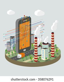 Isometric vector illustration of  smart phone with technology  scheme. Industry atomization concept.