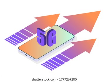 Isometrische Vektorgrafik von Smartphone mit Hochgeschwindigkeits-Internetanschluss der 5g-Generation