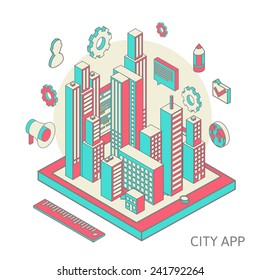 Isometric vector illustration of smartphone application with the city