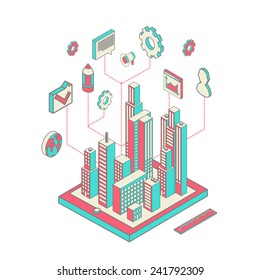 Isometric vector illustration of smartphone application with the city