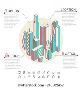 Isometric vector illustration of smartphone application with the city. infographic made of colorful buildings.
