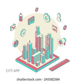 Isometric vector illustration of smartphone application with the city