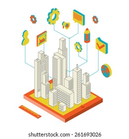 Isometric vector illustration of smartphone application with the city