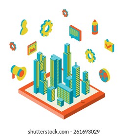 Isometric vector illustration of smartphone application with the city