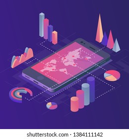 Isometric vector illustration. Smartphone with business infographics. The concept of analyzing statistics, collecting data through a mobile application.
