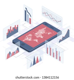 Isometric vector illustration. Smartphone with business infographics. The concept of analyzing statistics, collecting data through a mobile application.
