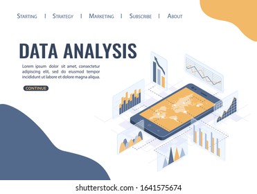 Isometric vector illustration. Smartphone with business infographics. The concept of analyzing statistics, collecting data through a mobile application.
