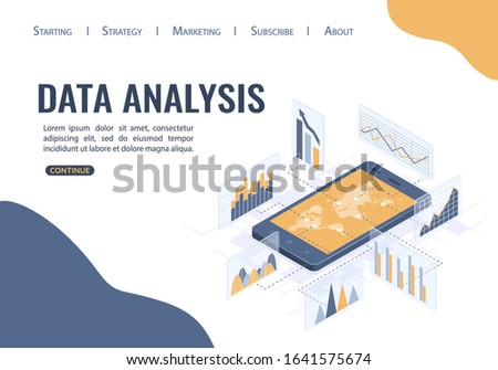 Isometric vector illustration. Smartphone with business infographics. The concept of analyzing statistics, collecting data through a mobile application.
