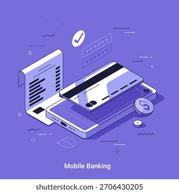 Isometric vector illustration with smartphone, credit card, and check for online payment. Digital financial transaction. Secure mobile banking concept.