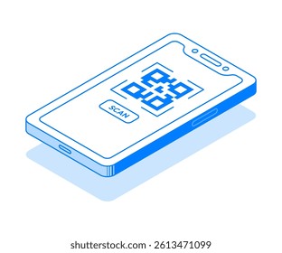 Isometric vector illustration of a smartphone displaying a QR code on the screen. Isolated lineart mobile phone with editable stroke, perfect for modern tech and digital service concepts