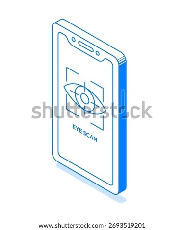 Isometric vector illustration of a smartphone displaying an eye scan on the screen. Isolated lineart mobile phone with editable stroke, perfect for modern tech and digital service concepts