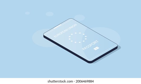 Isometric vector illustration. Smartphone with European union electronic biometric passport on a blue background. 3d model of phonea
