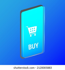Isometrische Vektorgrafik eines Smartphones. Konzept des Online-Shops. Das Konzept des Verkaufs, Rabatte. Internet-Technologie, digitales Marketing. Online-Shopping.