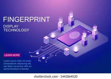 Isometric vector illustration of smartphone protected by fingerprint scan for advertisement of safety technology landing page vector illustration.
