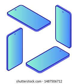 Isometric vector illustration of smartphone template with in different positions. Simple flat gradient gadget template in modern trendy violet and blue color, left, right, up and down smart phones