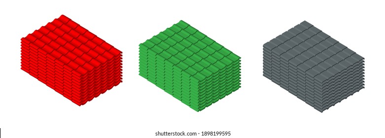 Isometric vector illustration stacks of corrugated tile elements of roof isolated on white background. Realistic corrugated metal tiles for roof covering vector icons in flat cartoon style.