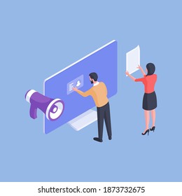 Isometric vector illustration of staff office workers revising resumes and person identity while announcing job vacancy isolated on blue background