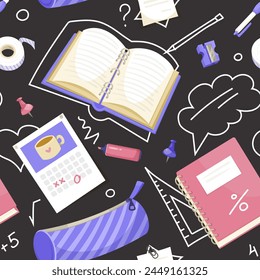 An isometric vector illustration of stationery items and books on a dark background, conveying a concept of education and organization. Vector illustration