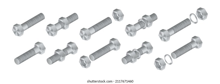 Isometric vector illustration steel bolt and hex nut isolated on white background. Realistic stainless steel bolt and nut icon. Set of isometric screw-nuts and bolts.