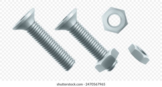 Isometrische Vektorillustration Stahlbolzen oder Schraube isoliert auf weißem Hintergrund. Realistisches 3D Edelstahl Bolzen und Mutter Icon. Schrauben und Muttern.