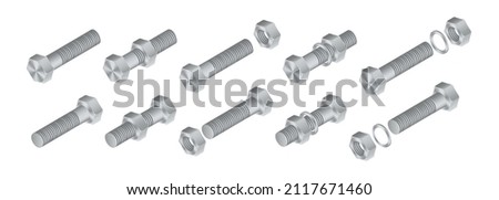 Isometric vector illustration steel bolt and hex nut isolated on white background. Realistic stainless steel bolt and nut icon. Set of isometric screw-nuts and bolts.